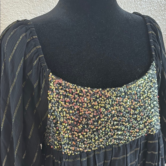 By Together Black Metallic Sequins Balloon Sleeved Smocked Mini Dress 0130 - Picture 3 of 11